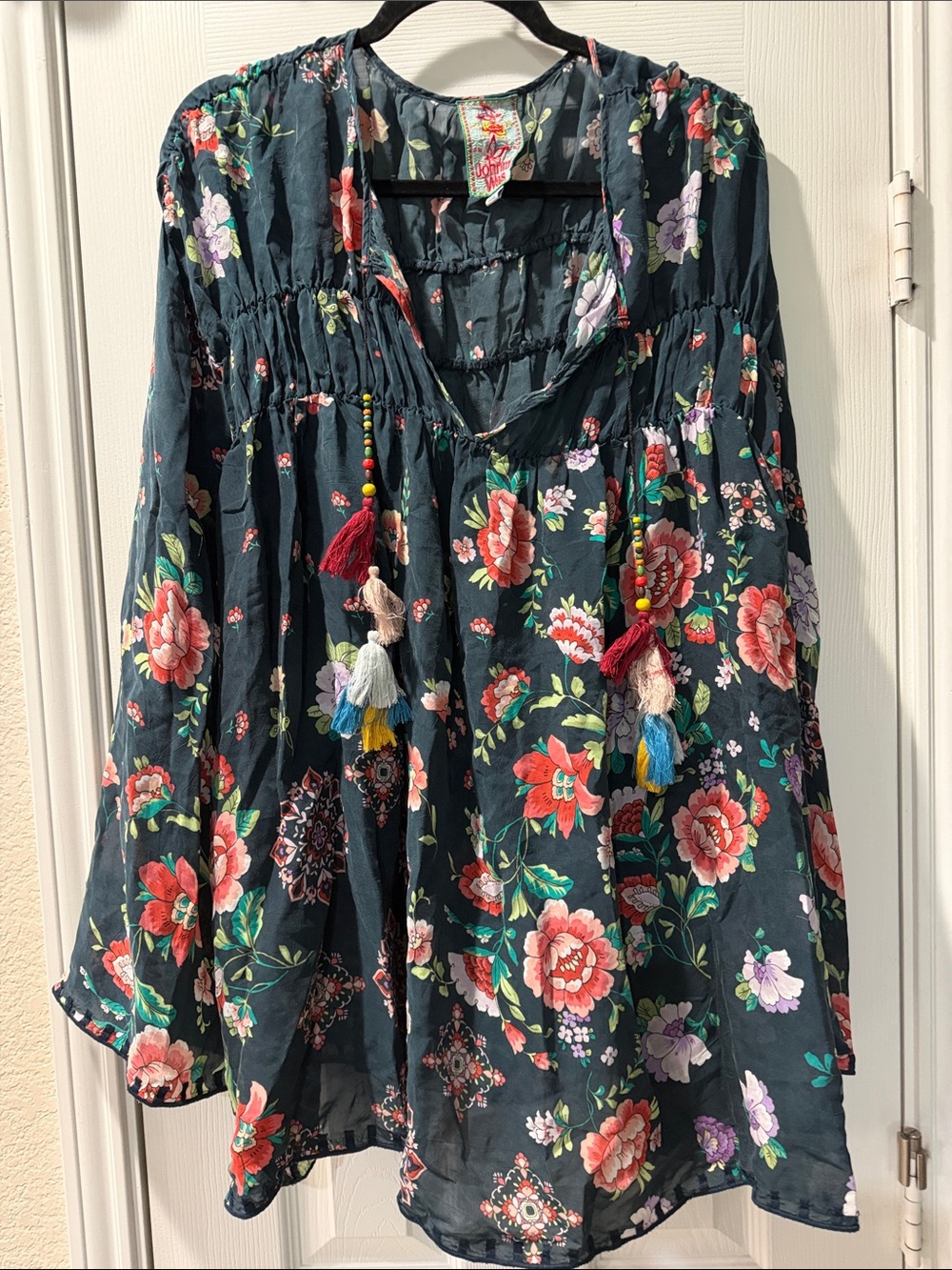 Johnny Was Harley Floral Challis Tassel tie Peasant Blouse